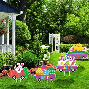 4 Pcs Easter Yard Signs with Stakes Happy Easter Yard Decorations Outdoor Train Easter Lawn Signs Bunny Carrot Gnomes Chick Easter Egg Garden Sign for Easter Lawn Decorations Party Supplies Props