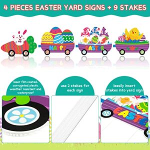 4 Pcs Easter Yard Signs with Stakes Happy Easter Yard Decorations Outdoor Train Easter Lawn Signs Bunny Carrot Gnomes Chick Easter Egg Garden Sign for Easter Lawn Decorations Party Supplies Props