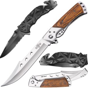 bundle of 2 items - grand way hunting folding knife with rosewood handle - black pocket knife - serrated sharp 3,5" blade folding knives - edc pocket knife - foldable long blade- birthday gifts