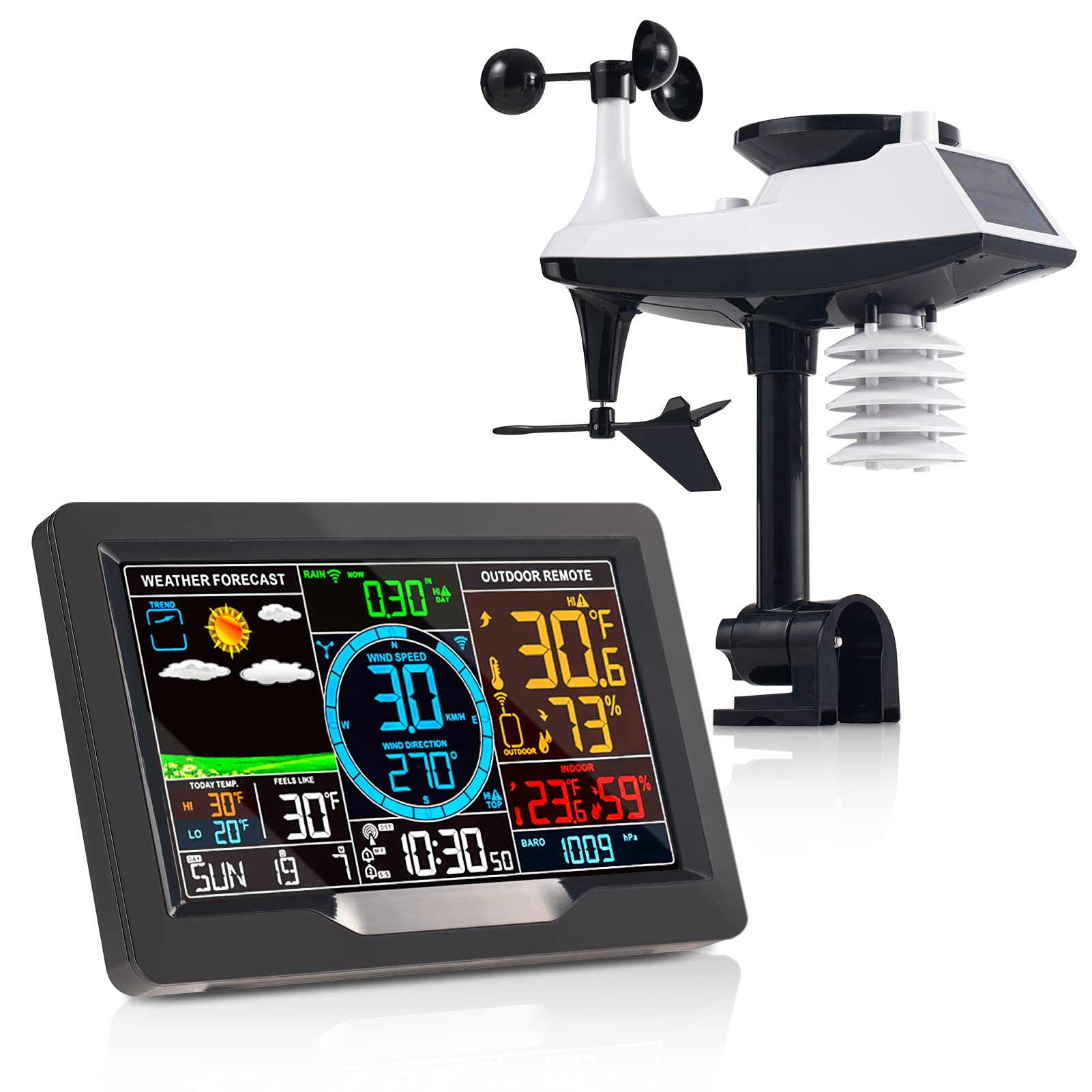 KALEVOL Professional Color Display Weather Station with Atomic Clock, Rain Gauge, Wind Speed and Direction