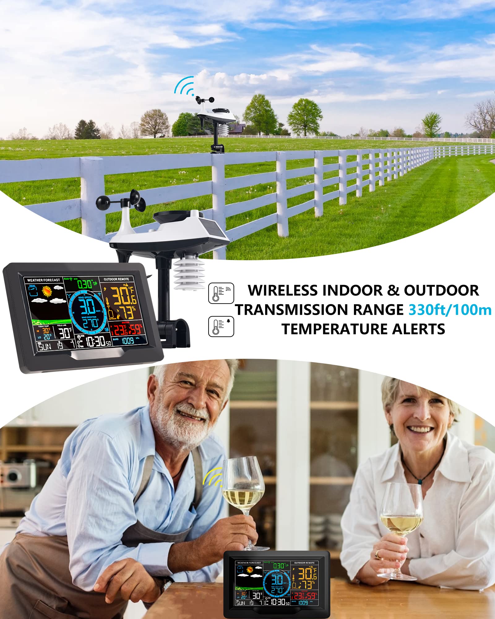 KALEVOL Professional Color Display Weather Station with Atomic Clock, Rain Gauge, Wind Speed and Direction