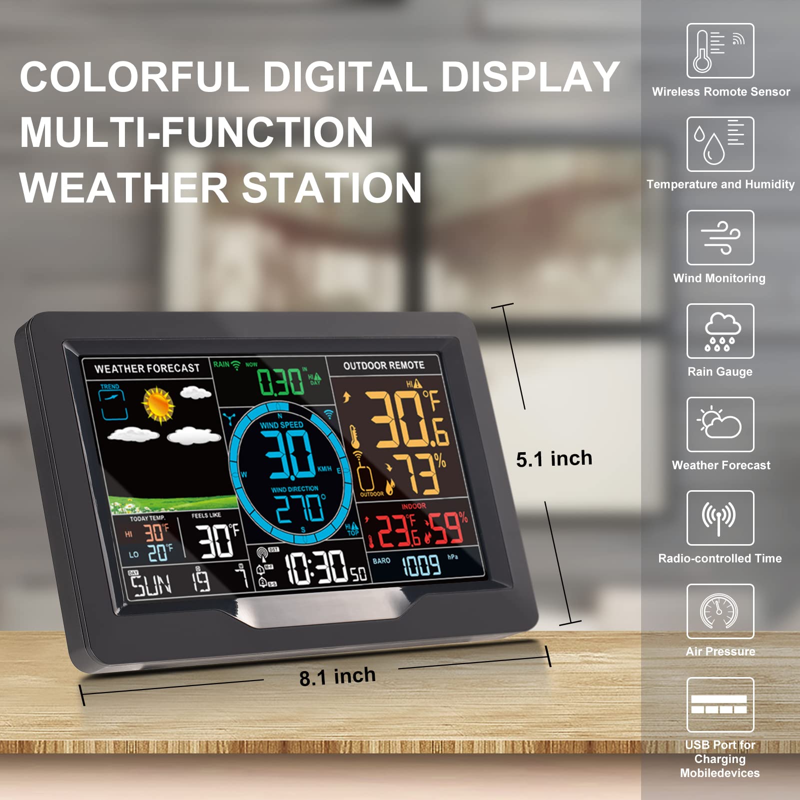 KALEVOL Professional Color Display Weather Station with Atomic Clock, Rain Gauge, Wind Speed and Direction