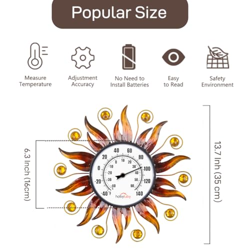 HOBYLUBY 13'' Sun Outdoor Thermometer, Indoor Outdoor Thermometer No Battery Needed, Decorative Outside Wall Thermometer for Patio, Home, Living Room, Garden Greenhouse, Wine Cellar