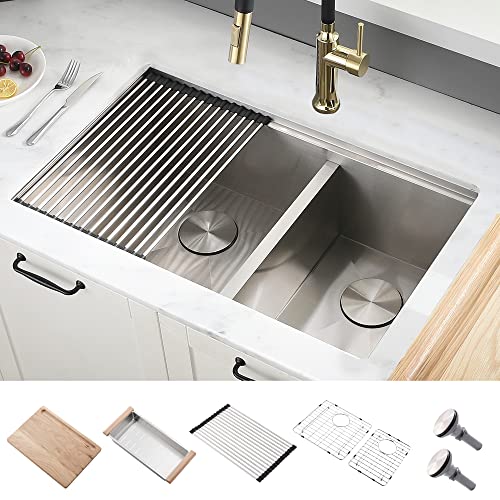 33 Inch Underomount Workstation Ledge Kitchen Sink - Abironl 33 Inch Undermount Kitchen sink 16 Gauge Ledge Workstation Stainless Steel 60/40 Double Bowl Undermount Kitchen Sink