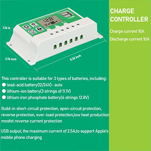 10 Watt 12V Solar Panel Kit Battery Maintainer Trickle Charger+10A 12V/24V PWM Solar Charge Controller+ Adjustable Solar Panels Mount Rack Bracket (10 Watt with Accessories)