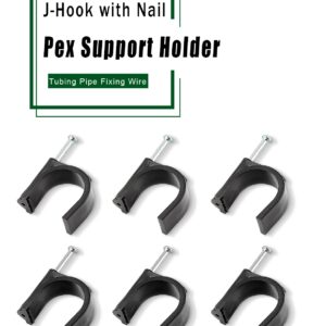 Rierdge 100 Pieces Half Clamps J-Hook with Nail, 1/2 & 3/4 Inch Black Pex Support Holder for Tubing Pipe Fixing Wire 12mm & 20 mm