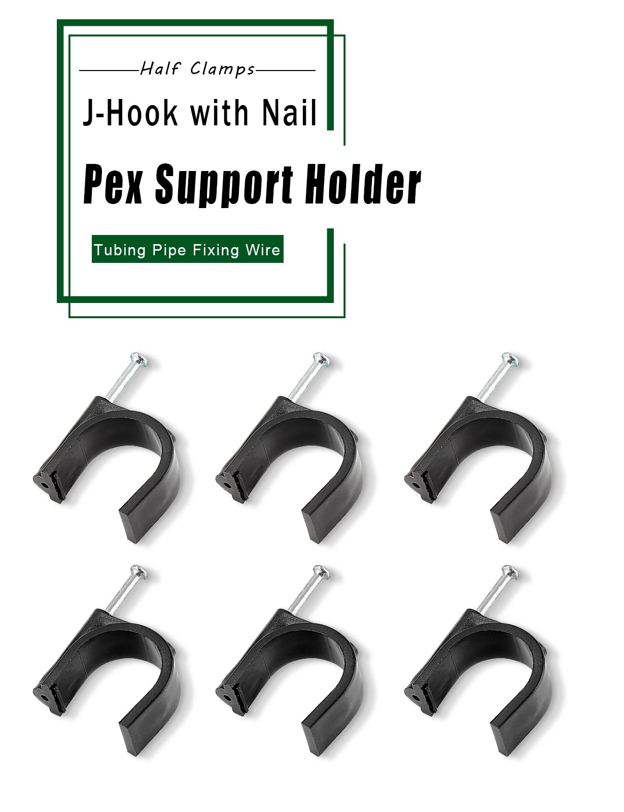 Rierdge 100 Pieces Half Clamps J-Hook with Nail, 1/2 & 3/4 Inch Black Pex Support Holder for Tubing Pipe Fixing Wire 12mm & 20 mm