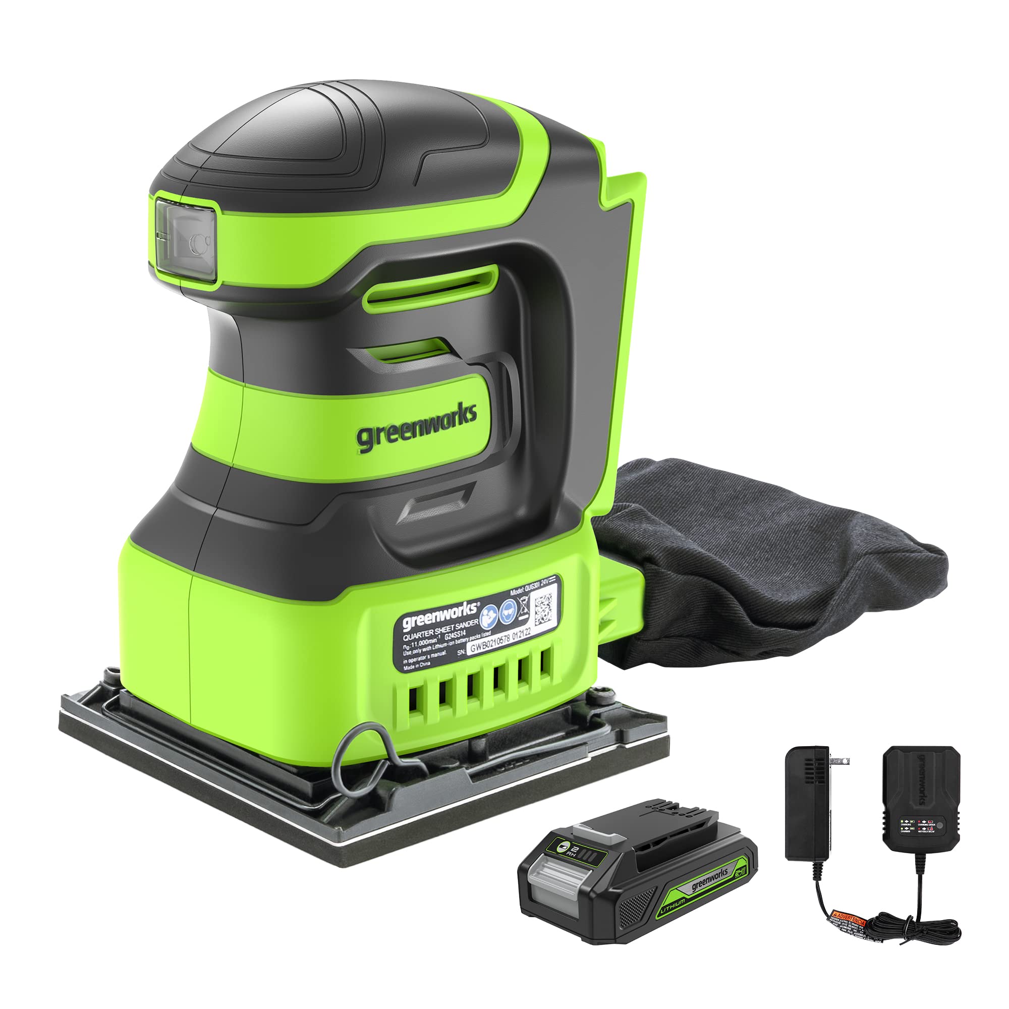 Greenworks 24V Cordless 1/4 Quarter Sheet Sander with 2Ah Battery and Charger