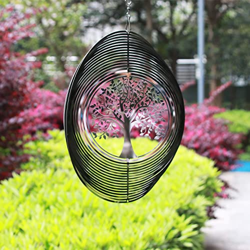 SPRING SONG Wind Spinner 3D Stainless Steel Indoor Outdoor 10" Mirrored Stainless Steel Tree of Life Decoration Crafts Ornaments Kinetic Yard Art, Hanging Wind Spinners Decor Gifts