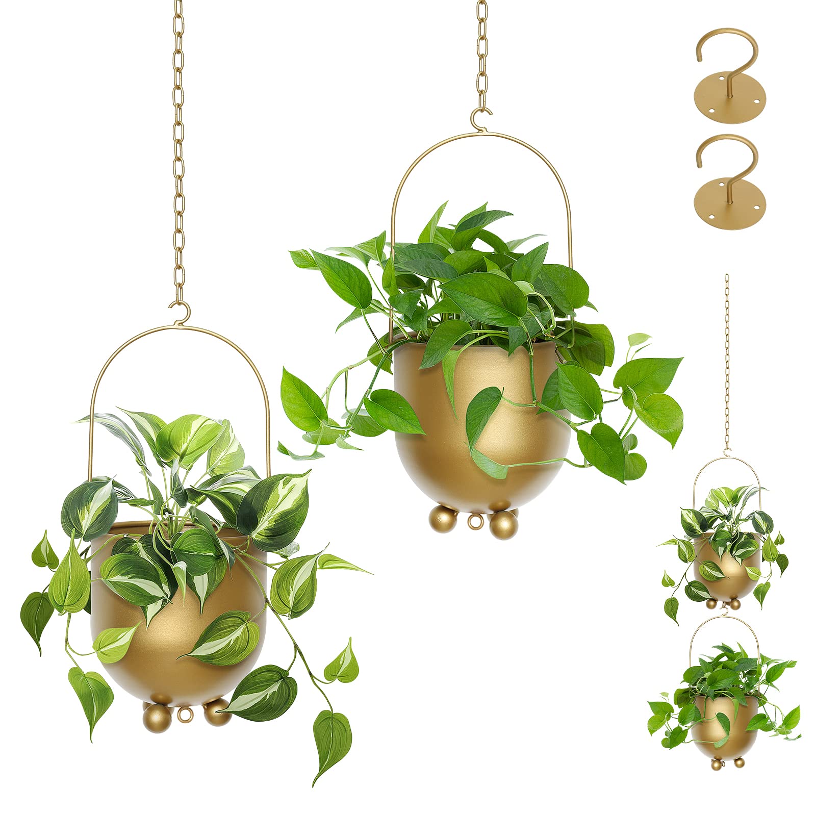 AceList Boho Gold Metal Hanging Planters, Set of 2 with Hooks & Chains - Versatile Wall & Ceiling Plant Hangers for Indoor/Outdoor Décor