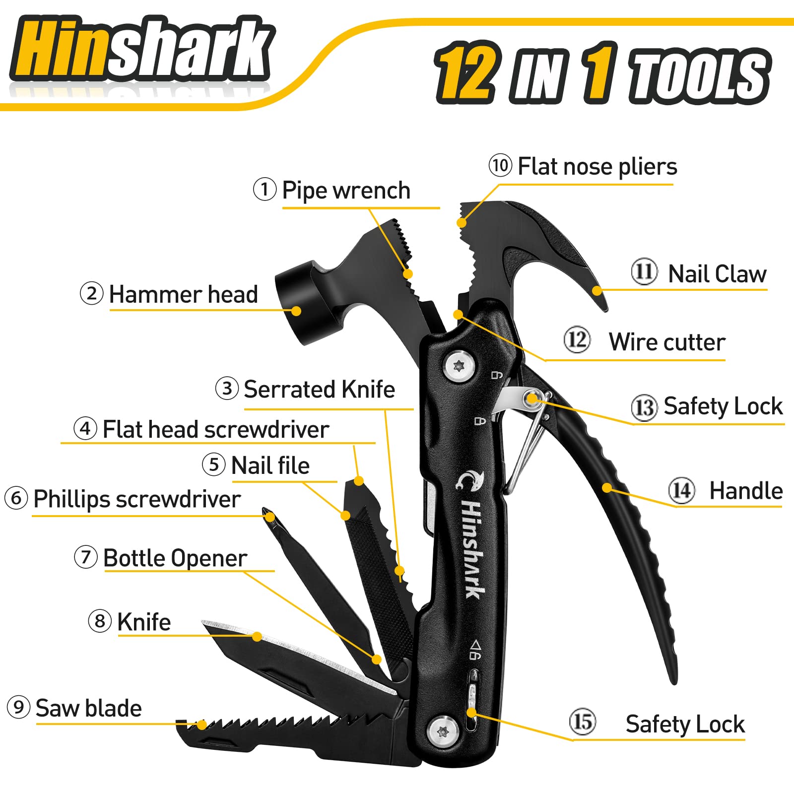 Hinshark Gifts for Men, Hammer Multitool Camping Accessories Cool Gadgets Tools for Men, Birthday Gifts for Him, Men, Dad, Boyfriend, Husband, Grandpa, Fathers Day Gift from Daughter