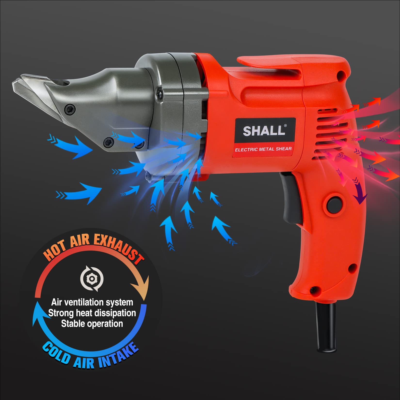 SHALL Electric Metal Cutting Shear, 4.0-Amp Corded Sheet Metal Cutter, Variable Speed with 360 Degree Swivel Head, Continuous Cutting, Clean Cut for 14GA Sheet Metal & 16GA Stainless Steel, 2500 SPM