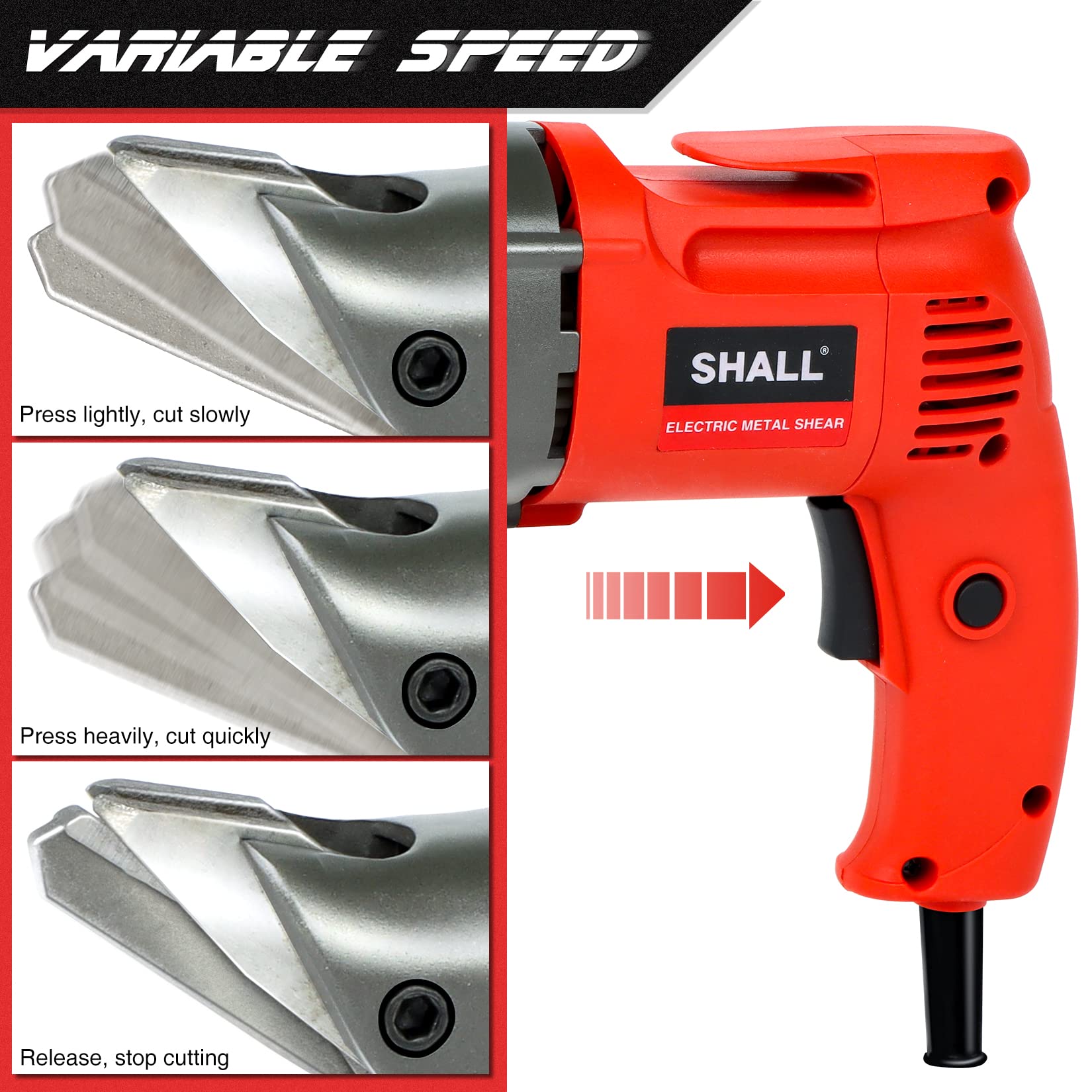 SHALL Electric Metal Cutting Shear, 4.0-Amp Corded Sheet Metal Cutter, Variable Speed with 360 Degree Swivel Head, Continuous Cutting, Clean Cut for 14GA Sheet Metal & 16GA Stainless Steel, 2500 SPM