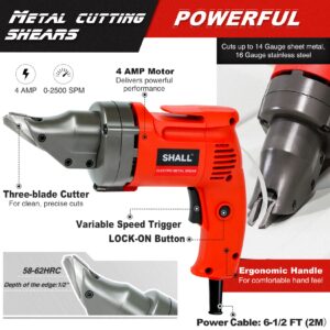 SHALL Electric Metal Cutting Shear, 4.0-Amp Corded Sheet Metal Cutter, Variable Speed with 360 Degree Swivel Head, Continuous Cutting, Clean Cut for 14GA Sheet Metal & 16GA Stainless Steel, 2500 SPM