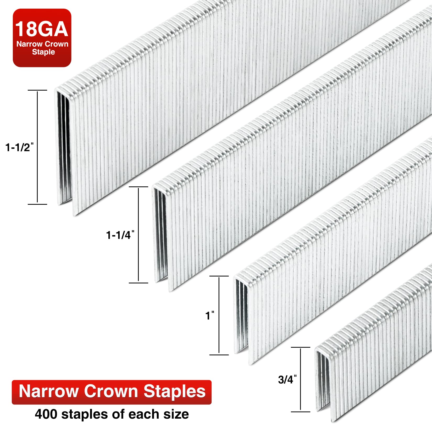 SHALL 3600 Counts 18 Gauge Narrow Crown Staples & Brad Nails, Heavy Duty Galvanized 1/4" Narrow Crown Staples (3/4" 1" 1-1/4" 1-1/2"), Brad Nails (1" 2"), for Pneumatic, Electric Stapler/Brad Nailer