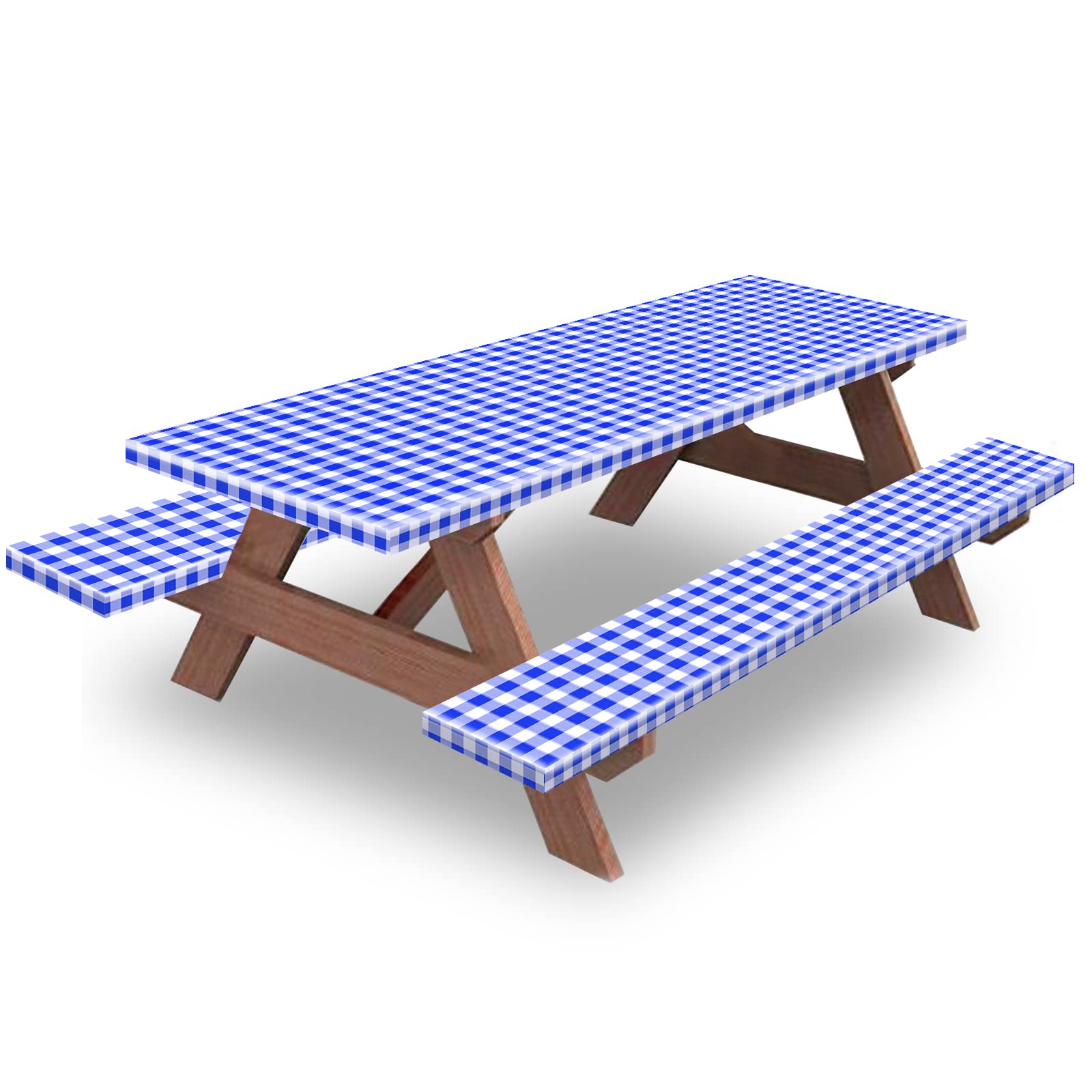 KENOBEE 8ft Picnic Table and Bench Fitted Tablecloth Cover, 96"x30" Flannel Backing Elastic Edge Waterproof Wipeable Plastic Cover Vinyl Tablecloth for Home Goods Indoor Outdoor Patio, Blue-White