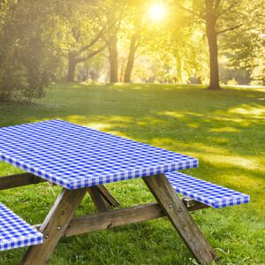 KENOBEE 8ft Picnic Table and Bench Fitted Tablecloth Cover, 96"x30" Flannel Backing Elastic Edge Waterproof Wipeable Plastic Cover Vinyl Tablecloth for Home Goods Indoor Outdoor Patio, Blue-White