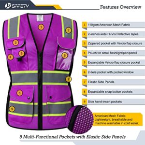 JKSafety 9 Pockets Women Hi-Vis Reflective Safety Vest | Mesh Neon Purple | Reflective Strips with Yellow Extended Trims | ANSI Compliant (168-Purple, L)