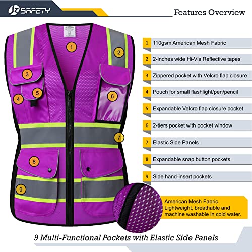 JKSafety 9 Pockets Women Hi-Vis Reflective Safety Vest | Mesh Neon Purple | Reflective Strips with Yellow Extended Trims | ANSI Compliant (168-Purple, L)