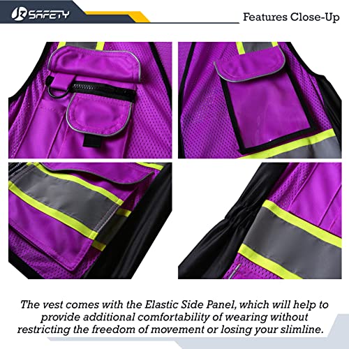 JKSafety 9 Pockets Women Hi-Vis Reflective Safety Vest | Mesh Neon Purple | Reflective Strips with Yellow Extended Trims | ANSI Compliant (168-Purple, L)