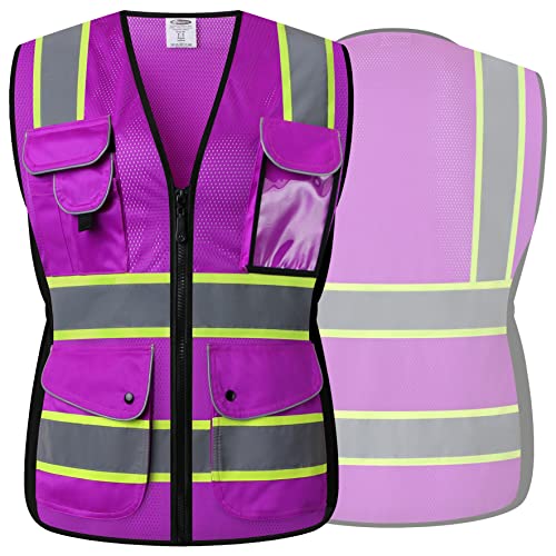 JKSafety 9 Pockets Women Hi-Vis Reflective Safety Vest | Mesh Neon Purple | Reflective Strips with Yellow Extended Trims | ANSI Compliant (168-Purple, L)