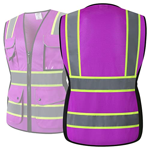 JKSafety 9 Pockets Women Hi-Vis Reflective Safety Vest | Mesh Neon Purple | Reflective Strips with Yellow Extended Trims | ANSI Compliant (168-Purple, L)