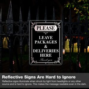 Faittoo Please Leave Packages and Deliveries Here Sign, 14 x 10 Inch Reflective Aluminum Sign, UV Protected and Weatherproof, Durable Ink, Easy to Install and Read, Indoor/ Outdoors Use