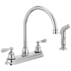 peerless two handle deck mount kitchen faucet in chrome| 360 degree spout swivel| ceramic disc