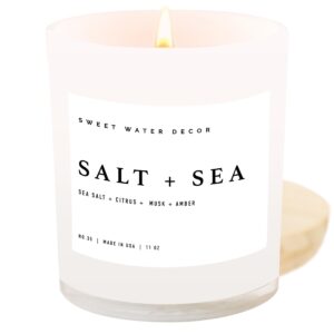 sweet water decor salt + sea candle | sea salt, citrus, amber, musk, beach scented soy candles for home | 11oz white glass jar + wood lid, 50+ hour burn time, made in the usa