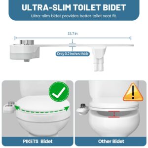 PIKETS Bidet Attachment for Toilet, Dual Nozzle (Frontal and Rear Wash) Non-Electric Fresh Water Toilet Seat Attachment with Nozzle Self Cleaning, Adjustable Water Pressure(Chrome Silver)