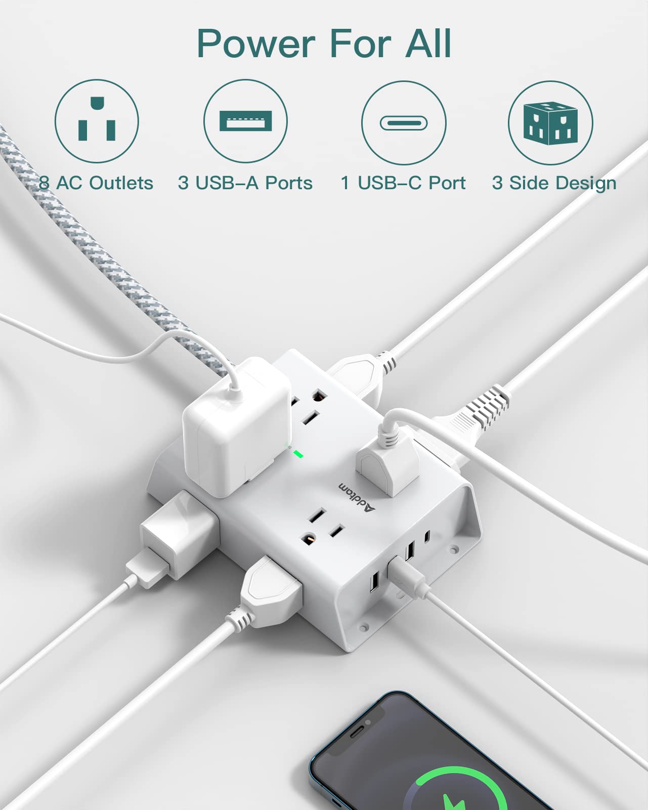 Surge Protector Power Strip - 8 Widely Outlets with 4 USB Ports(1 USB C Outlet), Addtam 3-Side Outlet Extender Strip with 5Ft Extension Cord, Flat Plug, Wall Mount for Dorm Home Office, ETL Listed