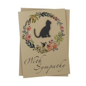 black cat floral wreath sympathy card | handmade 5x7 pet condolences greeting | kraft brown watercolor wreath