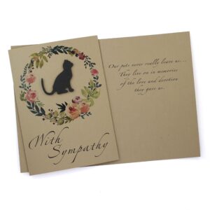 Black Cat Floral Wreath Sympathy Card | Handmade 5x7 Pet Condolences Greeting | Kraft Brown Watercolor Wreath