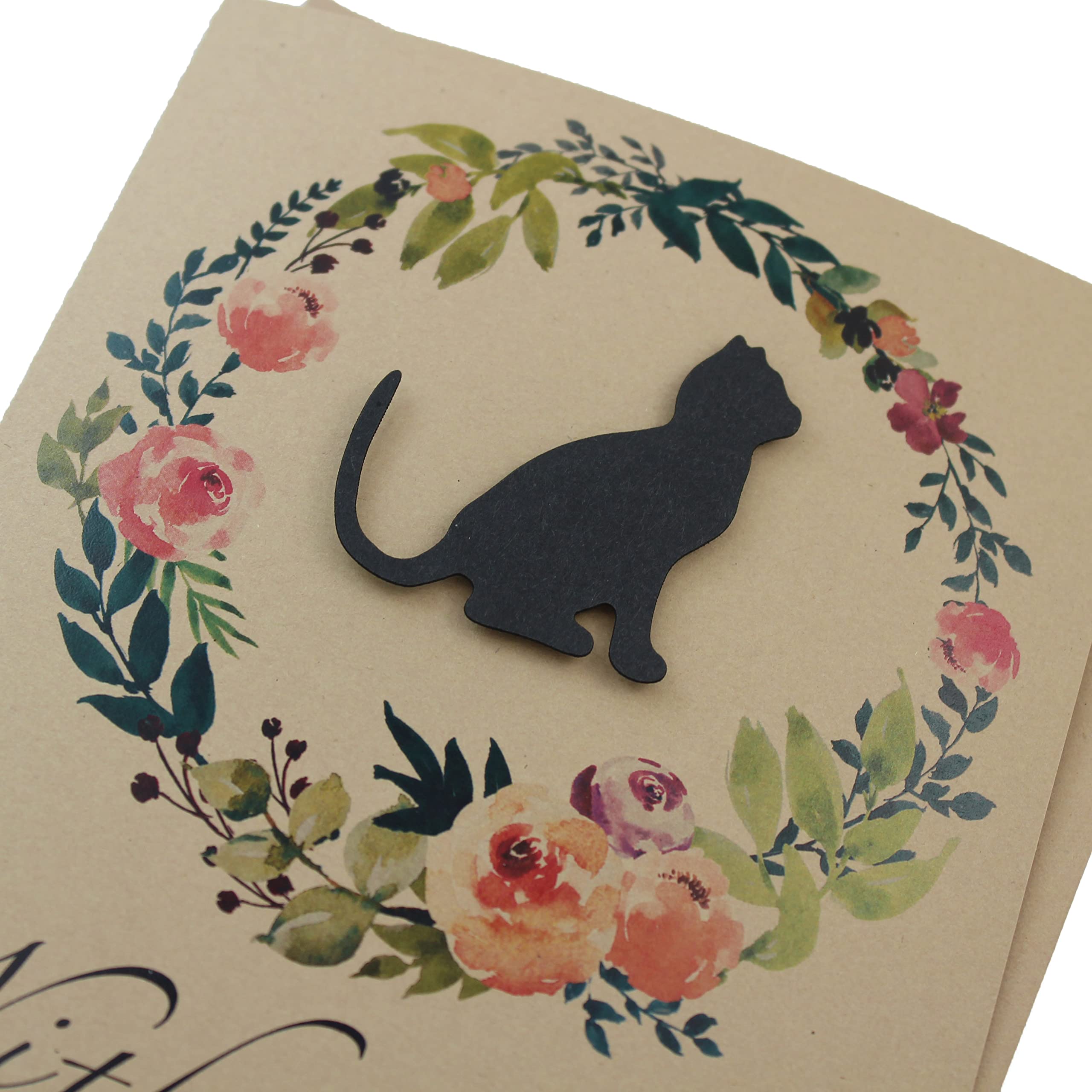 Black Cat Floral Wreath Sympathy Card | Handmade 5x7 Pet Condolences Greeting | Kraft Brown Watercolor Wreath