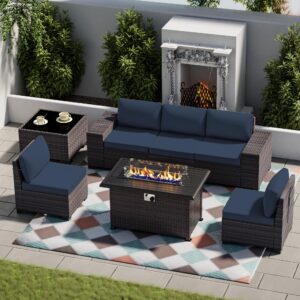 halmuz 7 piece outdoor patio furniture set with propane fire pit, high back pe wicker rattan outdoor sofa conversation set,sectional furniture patio set w/tempered glass top table&gas fire pit(navy)