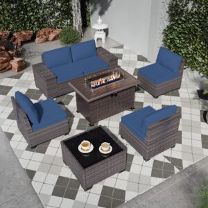 Halmuz 7 Piece Outdoor Patio Furniture Set with Propane Fire Pit, High Back PE Wicker Rattan Outdoor Sofa Conversation Set,Sectional Furniture Patio Set w/Tempered Glass Top Table&Gas Fire Pit(Navy)