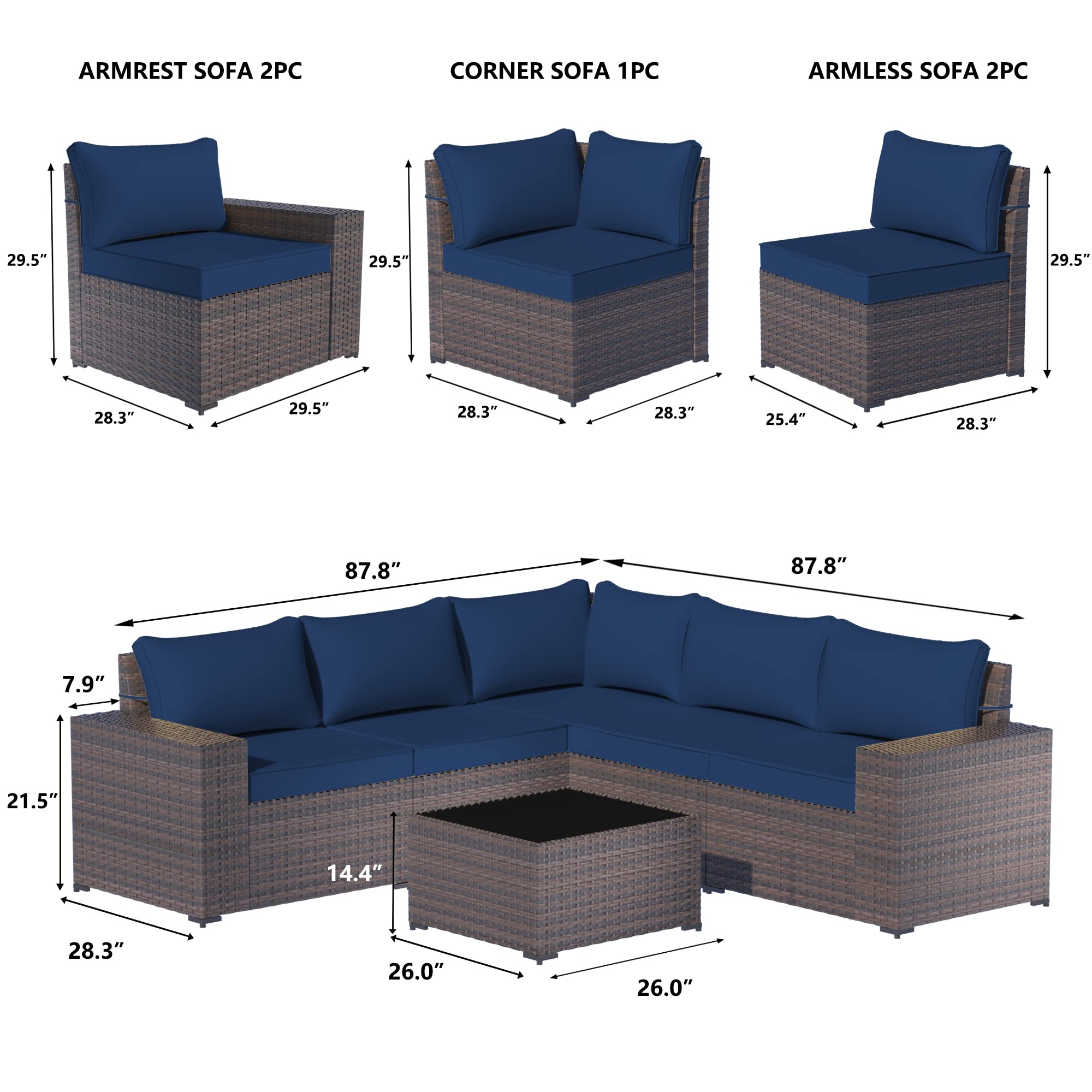 Halmuz 7 Piece Outdoor Patio Furniture Set with Propane Fire Pit, High Back PE Wicker Rattan Outdoor Sofa Conversation Set,Sectional Furniture Patio Set w/Tempered Glass Top Table&Gas Fire Pit(Navy)