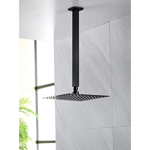 Anpean 16 Inch Square Ceiling Mounted Shower Arm and Flange, Matte Black