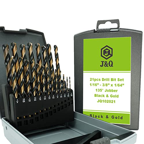 J&Q 21 PCS M2 HSS Jobber Drill Bit Set, Heavy Duty Drill Bits Set for Metal with Black and Gold, Wood and Plastic (1/16",3/8"x1/64”)