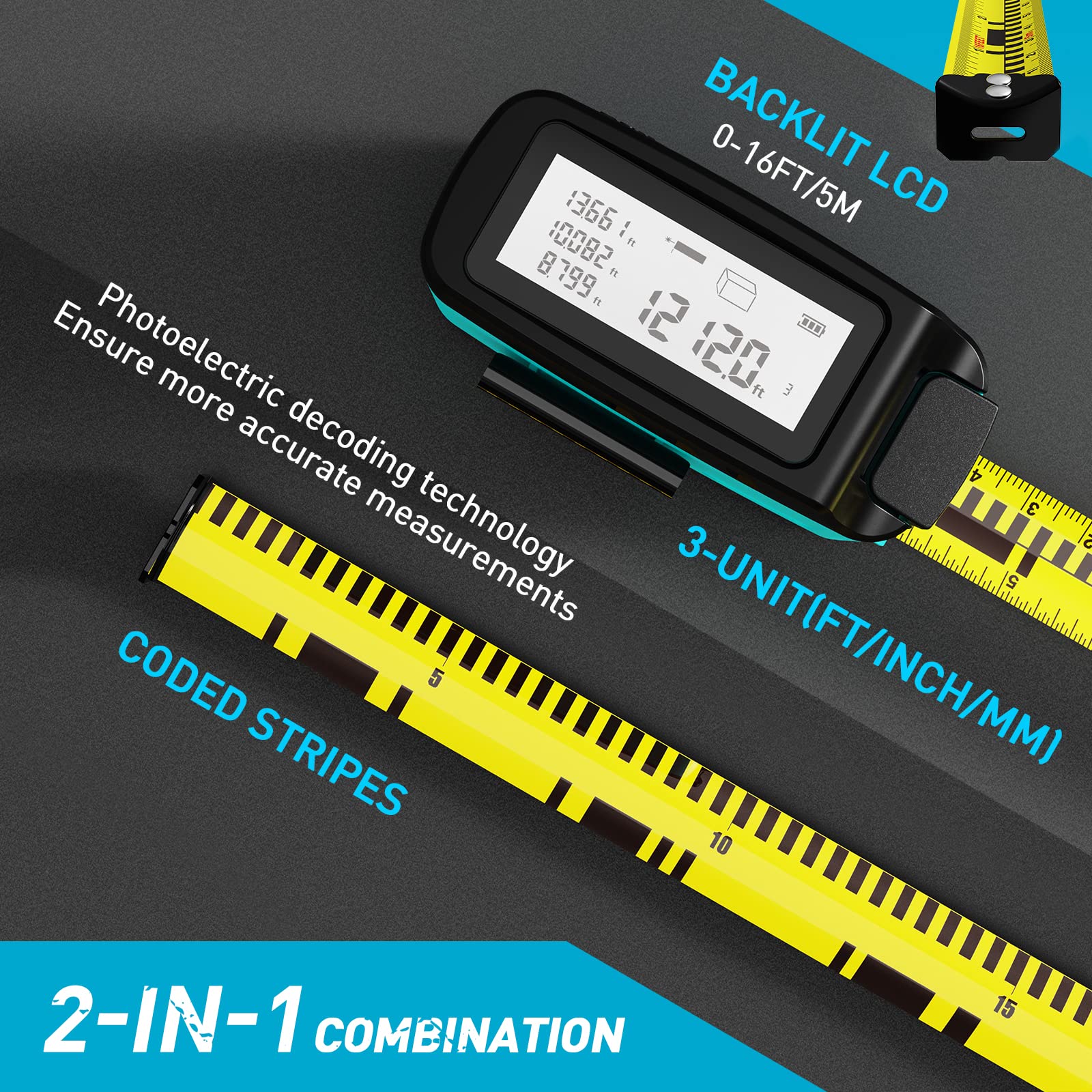 2-in-1 Digital Tape Measure - Ft/Ft+in/in/M 16Ft Tape Measure, Backlit Display USB Rechargeable Tape Measure with Display, 20 Groups Historical Memory ACPOTEL (Blue)