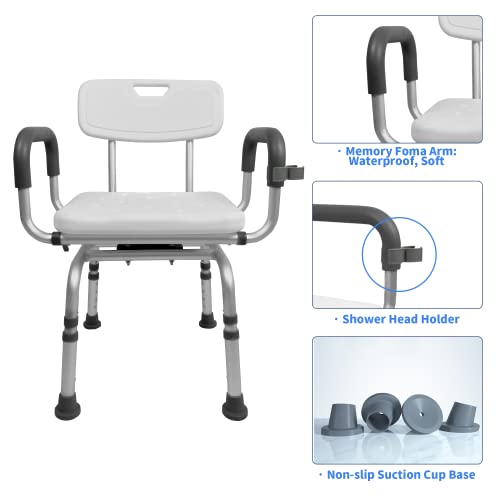 Jachee Swivel Shower Chair for Bathtub, Rotating Shower Chair for Inside Shower, Pivoting Shower Chair with Arms and Back, Height Adjustable Bath Chair Shower Chair for Seniors with Shower Head Holder