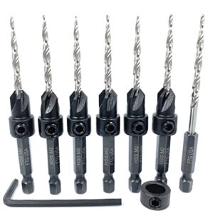 ftg usa countersink drill bit set 6 pc #6 (9/64") wood countersink drill bit, pro pack countersink bit, 1 extra tapered drill bit for countersink, 1 stop collar, 1 hex wrench