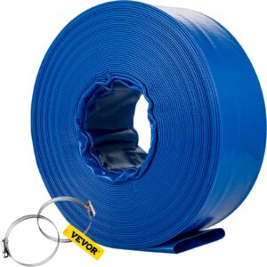 vevor discharge hose, 3" x 105', pvc lay flat hose, heavy duty backwash drain hose with clamps, weather-proof & burst-proof, ideal for swimming pool & water transfer, blue