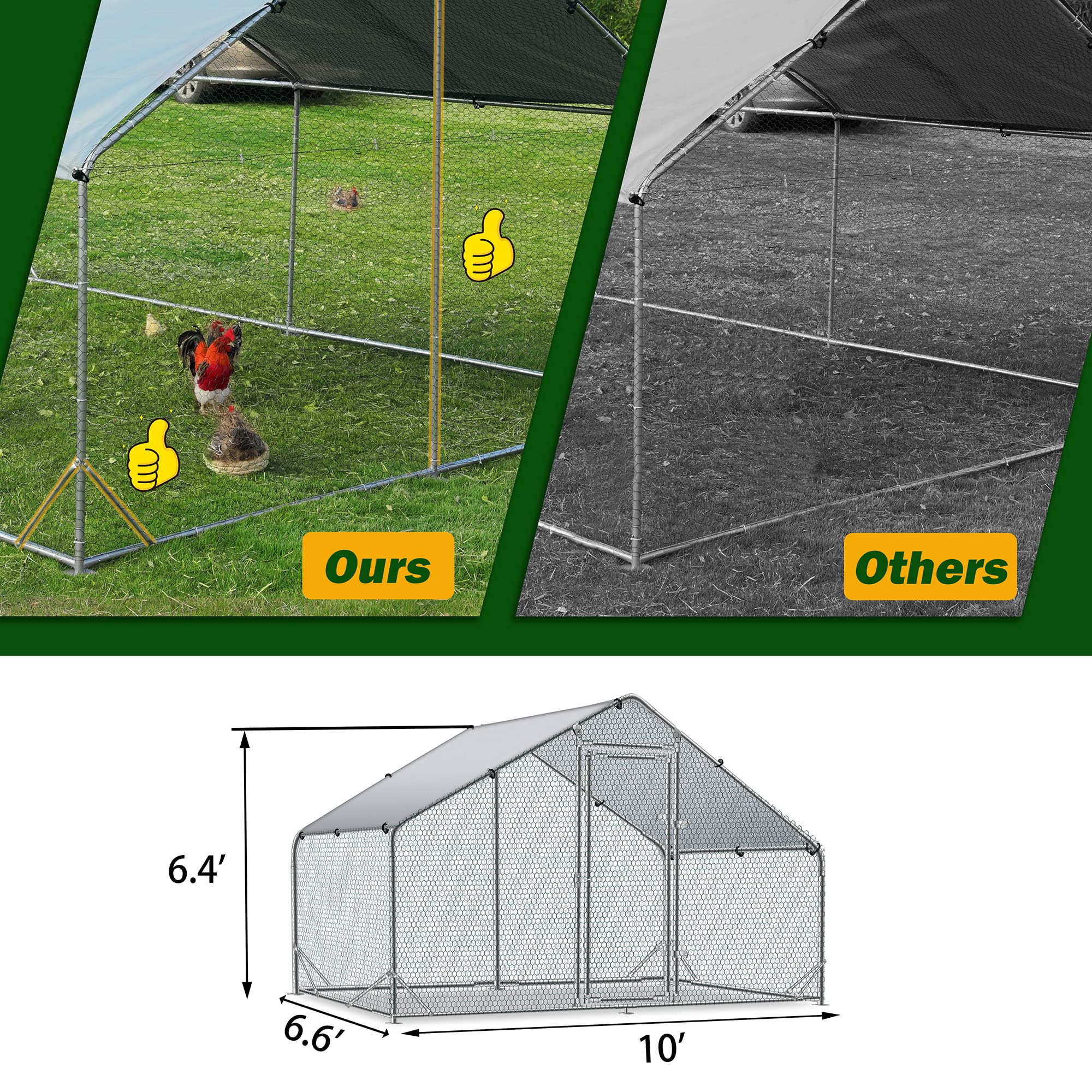 Betterhood Large Metal Chicken Coop Upgrade Tri-Supporting Wire Mesh Chicken Run,Chicken Pen with Water-Resident and Anti-UV Cover,Duck Rabbit House Outdoor(10’ W x 6.6’ L x 6.5’ H)