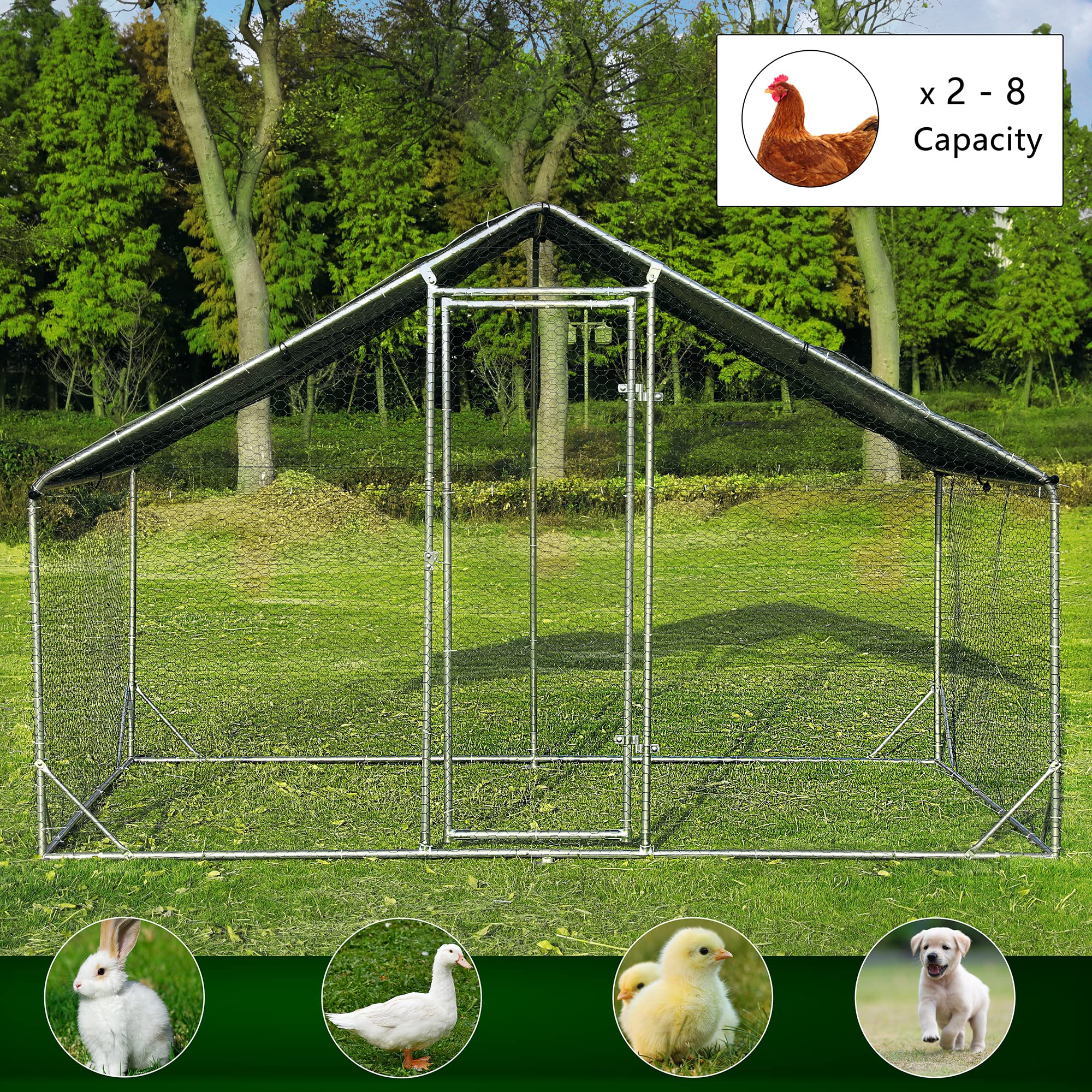 Betterhood Large Metal Chicken Coop Upgrade Tri-Supporting Wire Mesh Chicken Run,Chicken Pen with Water-Resident and Anti-UV Cover,Duck Rabbit House Outdoor(10’ W x 6.6’ L x 6.5’ H)