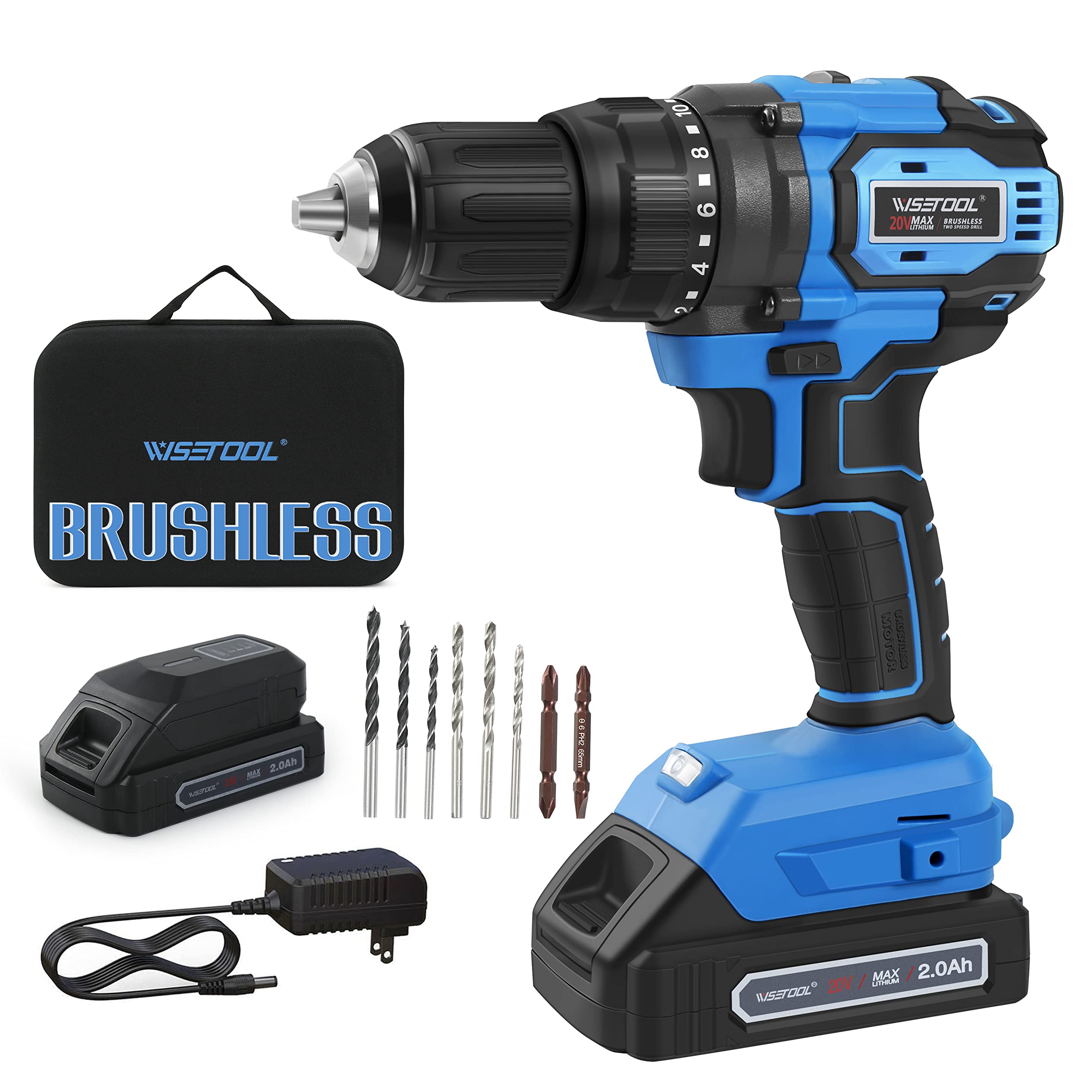 WISETOOL Cordless Drill Set,20V MAX Brushless Drill Driver Kit with Charger,Electric Power Cordless Drill Kit with 1/2'' Keyless Chuck,620 In-lbs Torque,2 Variable Speed,Built-in LED