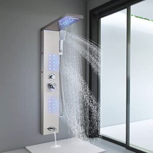 fcoteeu shower panel tower system,led rainfall waterfall shower head led large area massage jets tub spout,stainless steel bathroom shower tower column brushed nickel