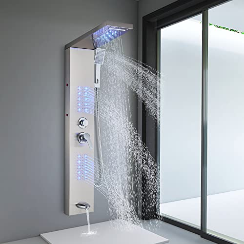 FCOTEEU Shower Panel Tower System,LED Rainfall Waterfall Shower Head LED Large Area Massage Jets Tub Spout,Stainless Steel Bathroom Shower Tower Column Brushed Nickel