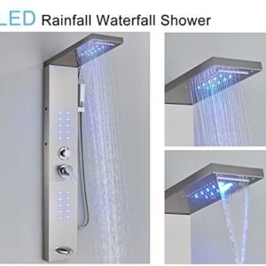 FCOTEEU Shower Panel Tower System,LED Rainfall Waterfall Shower Head LED Large Area Massage Jets Tub Spout,Stainless Steel Bathroom Shower Tower Column Brushed Nickel