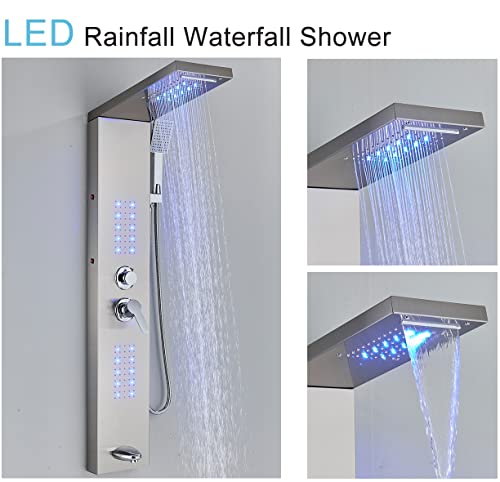 FCOTEEU Shower Panel Tower System,LED Rainfall Waterfall Shower Head LED Large Area Massage Jets Tub Spout,Stainless Steel Bathroom Shower Tower Column Brushed Nickel